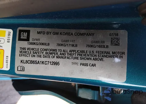 2019 Chevrolet Spark Ls Cvt из США, поврежденный, VIN KL8CB6SA1KC712995